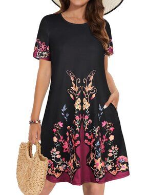 Women's Black Purple T-shirt Short Sleeve Floral Sundress Beach Cover Mini Dress